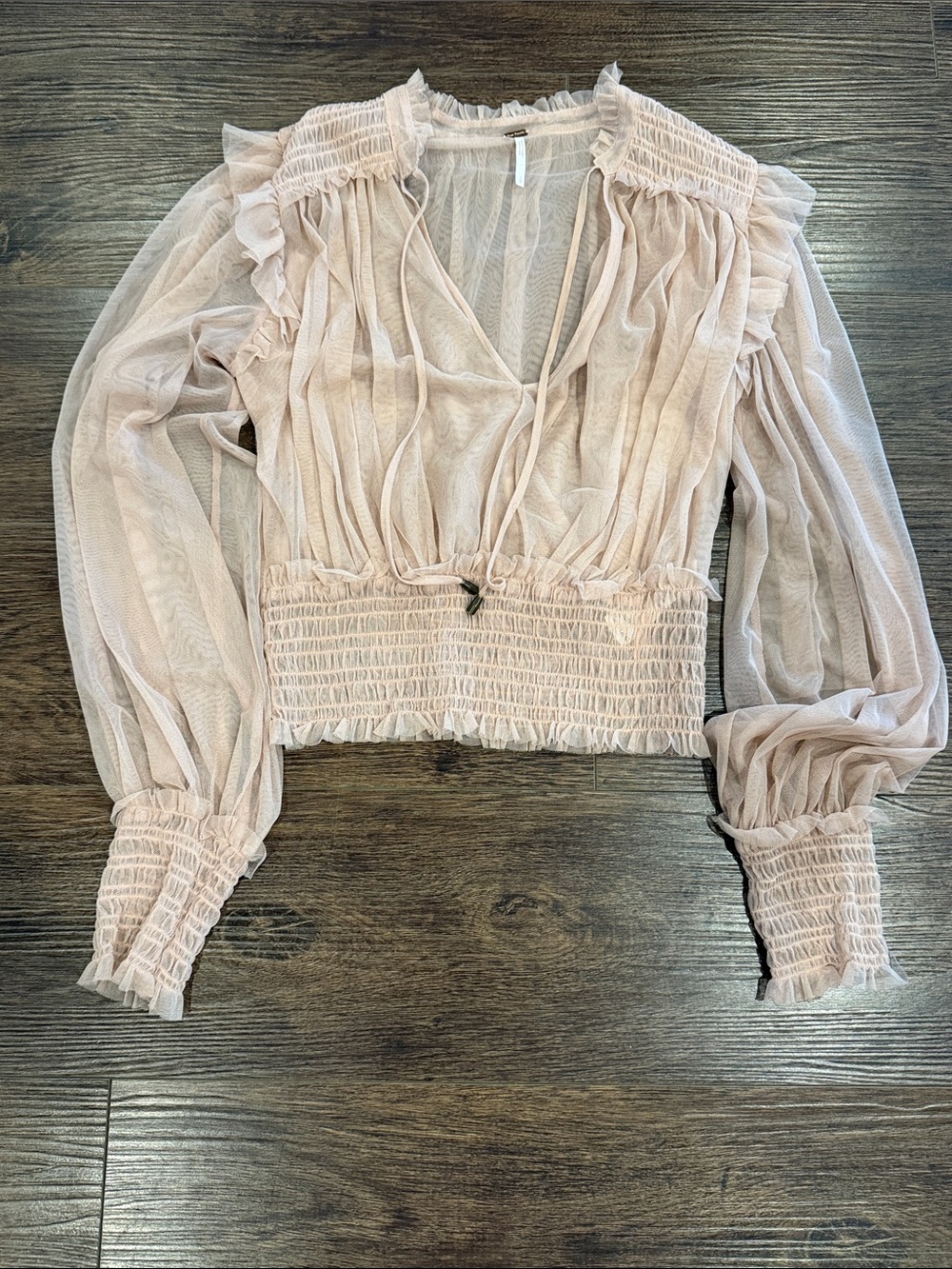 Free People Blush Sheer Ruffle Smocked Waist Blouse